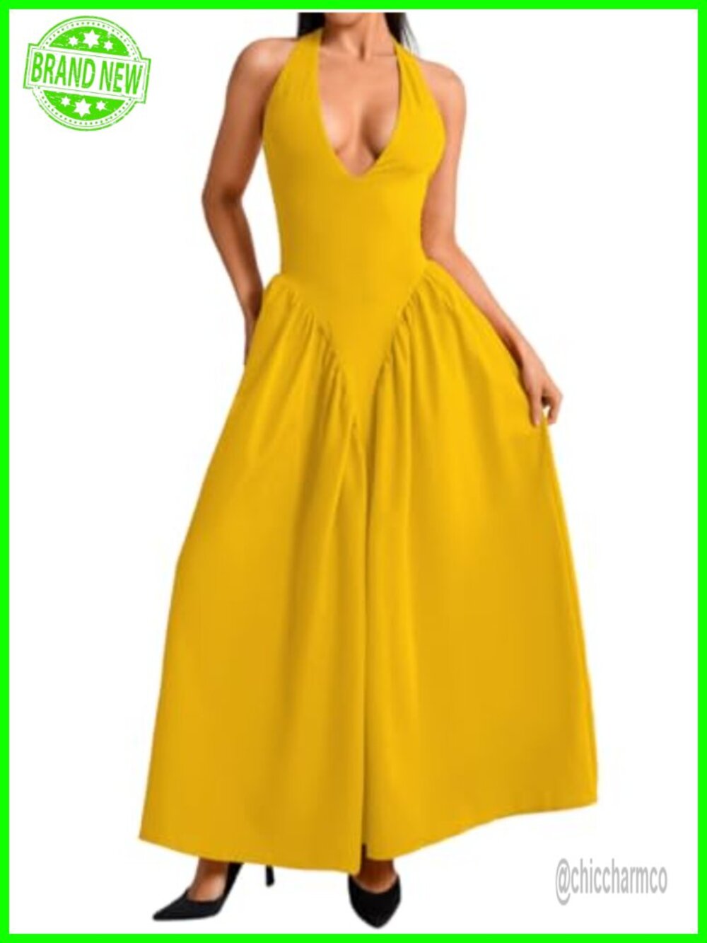 Deep V Neck Halter Maxi Dress Corset Flowy Wedding Guest Vacation